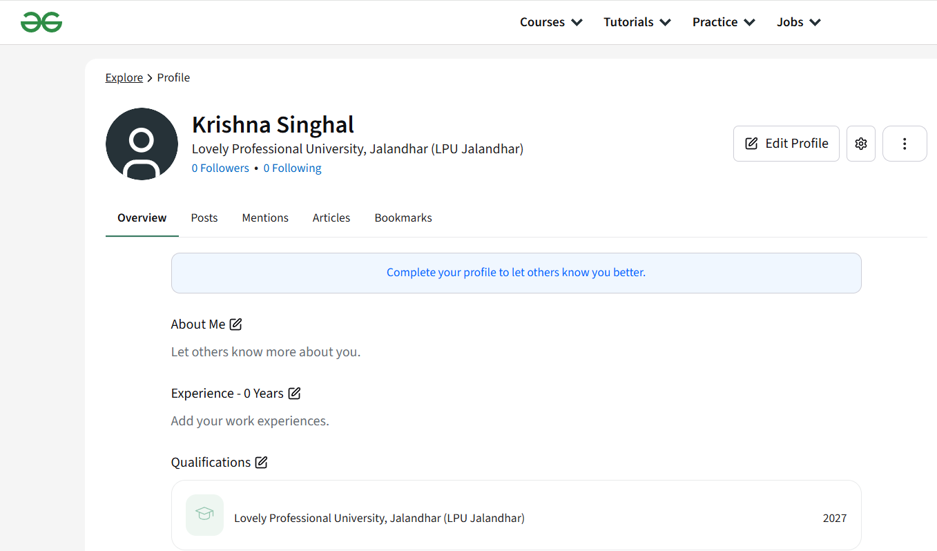 GeeksForGeeks profile — Krishna Singhal